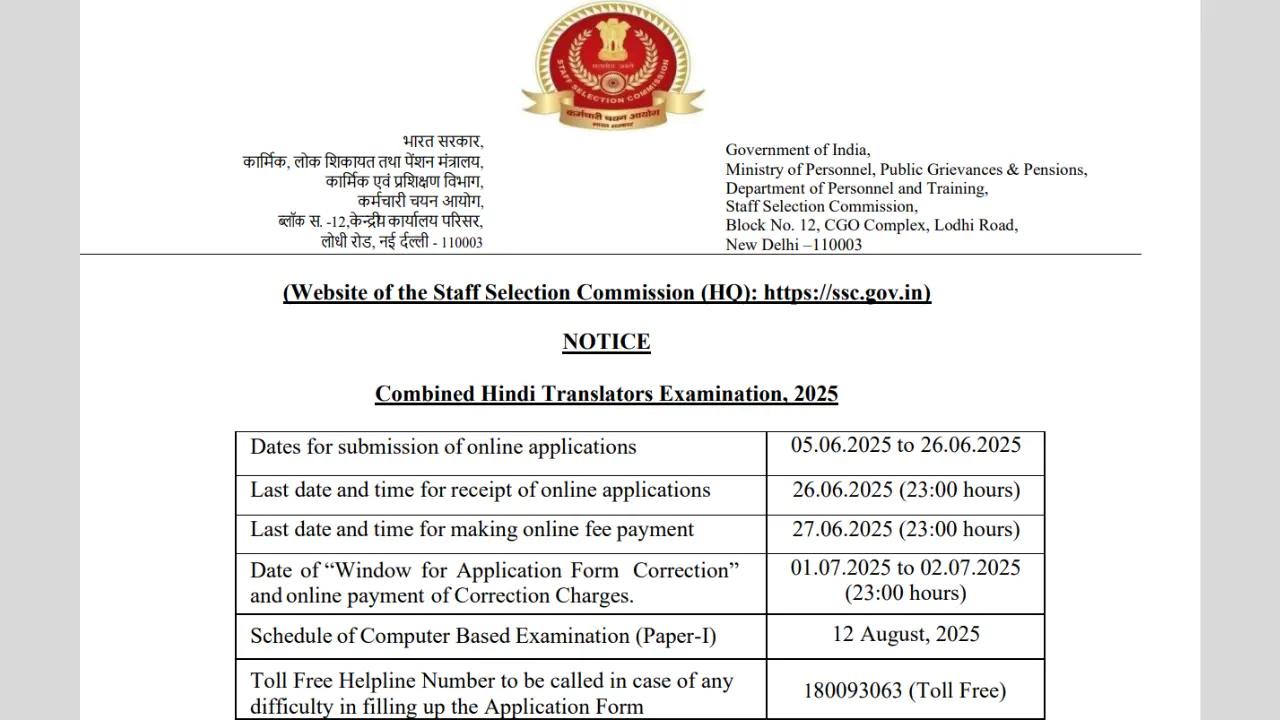SSC Hindi Translator CHTE 2025 Notification