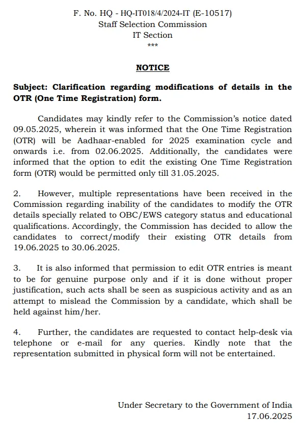 SSC OTR Correction Notice 17 June 2025